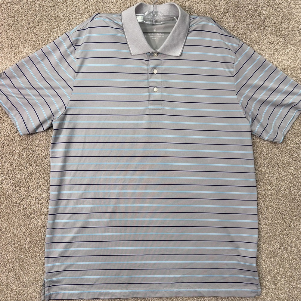 Brooks Brothers Polo Mens XL Performance Series Grey Striped Short Sleeve EUC